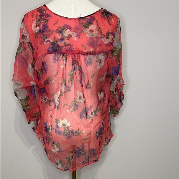 Free People Size SP Vibrant Floral Sheer Blouse V-neck 100% Viscose - Picture 4 of 8